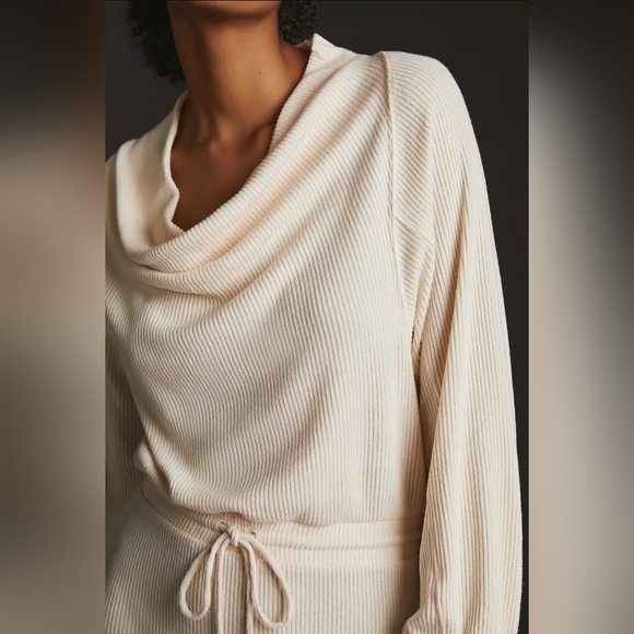 Daily Practice Cowl Neck Lounge Dress Cream Drawstring Waist Slit Maxi Dress - Picture 3 of 10